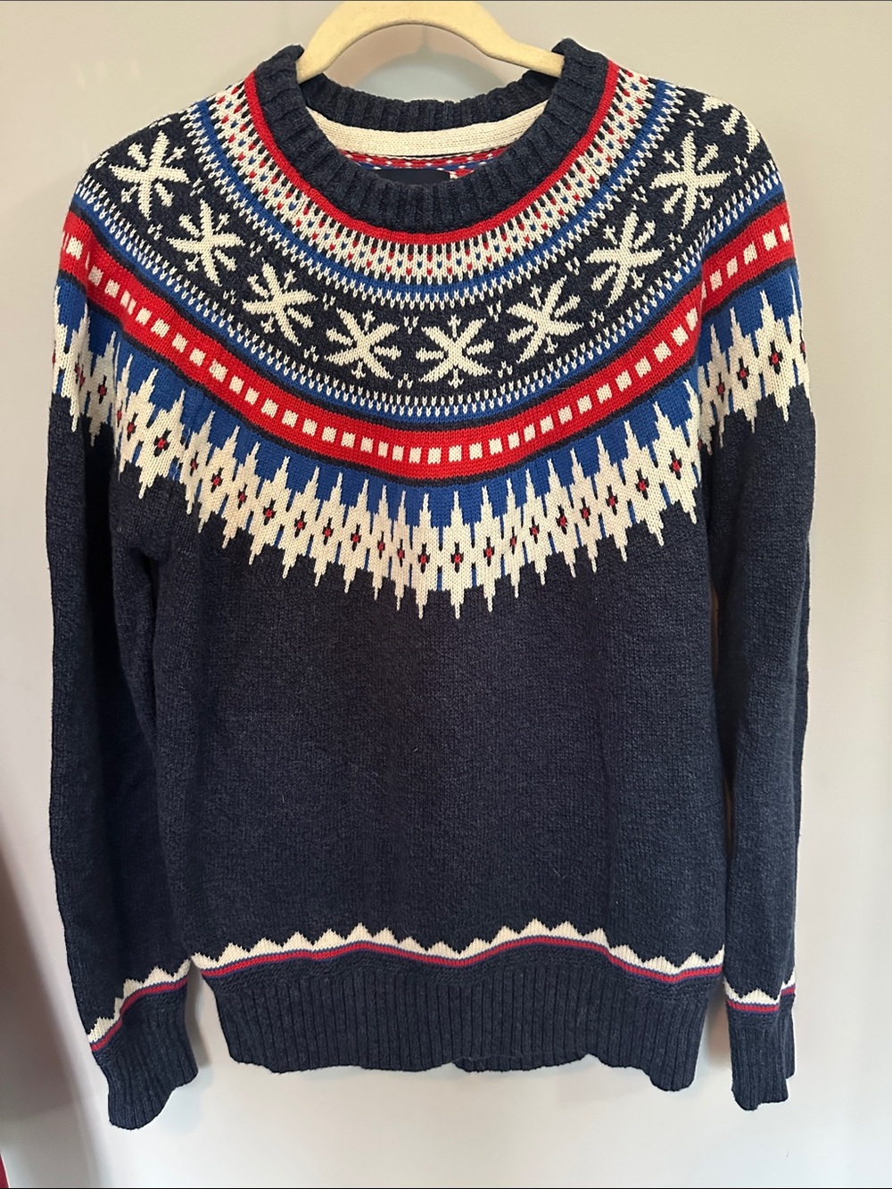 Men's Navy Fair Isle Cotton Crewneck Sweater with Red & White Accents